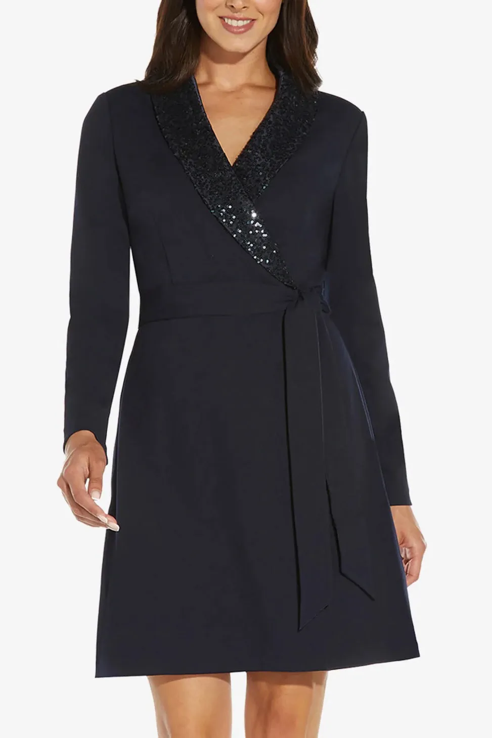 Adrianna Papell Sequin Shawl Lapel Surplice V- Neckline Long Sleeve Back Zipper Short Crepe Dress
