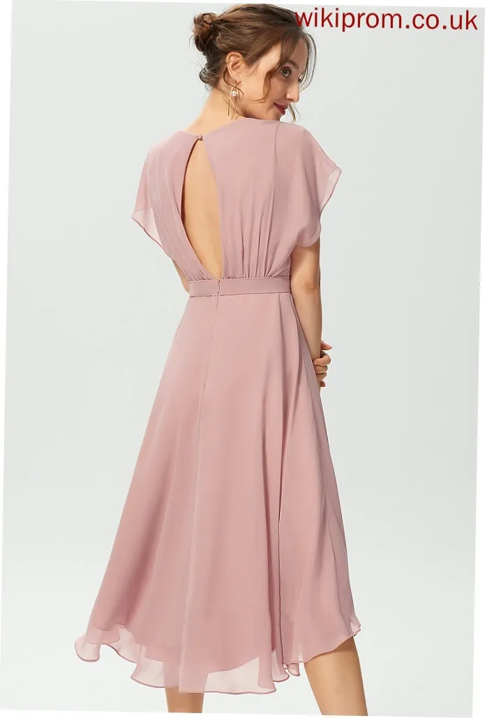 Asymmetrical With Cocktail Chiffon Dress Cocktail Dresses Bow(s) Ruffle A-Line Giana Scoop Neck