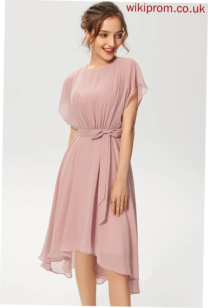 Asymmetrical With Cocktail Chiffon Dress Cocktail Dresses Bow(s) Ruffle A-Line Giana Scoop Neck