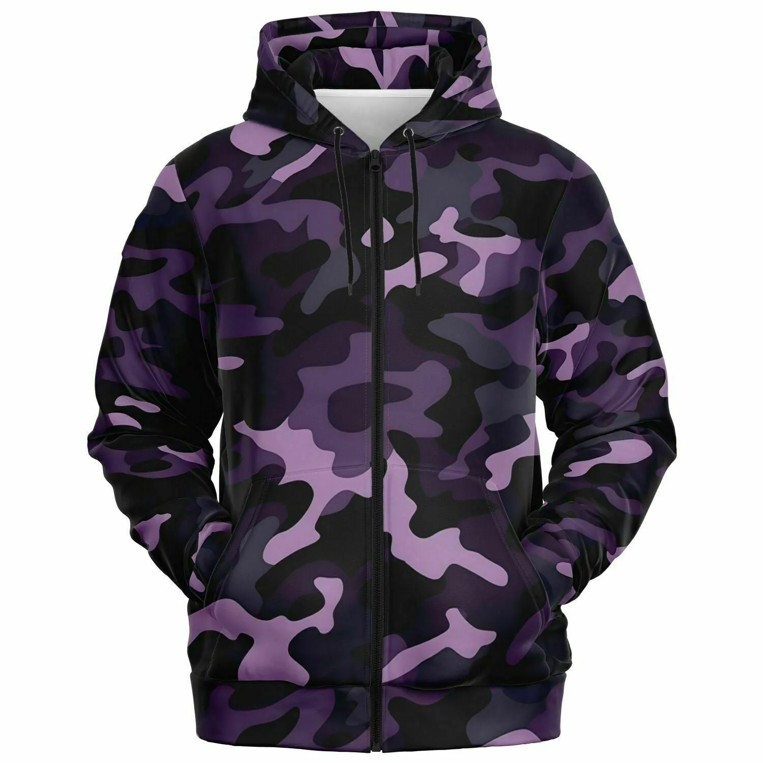 Black and Purple Camo Zip Up Hoodie, Camouflage Zipper Pocket Men Women Unisex Adult Aesthetic Cotton Fleece Hooded Sweatshirt