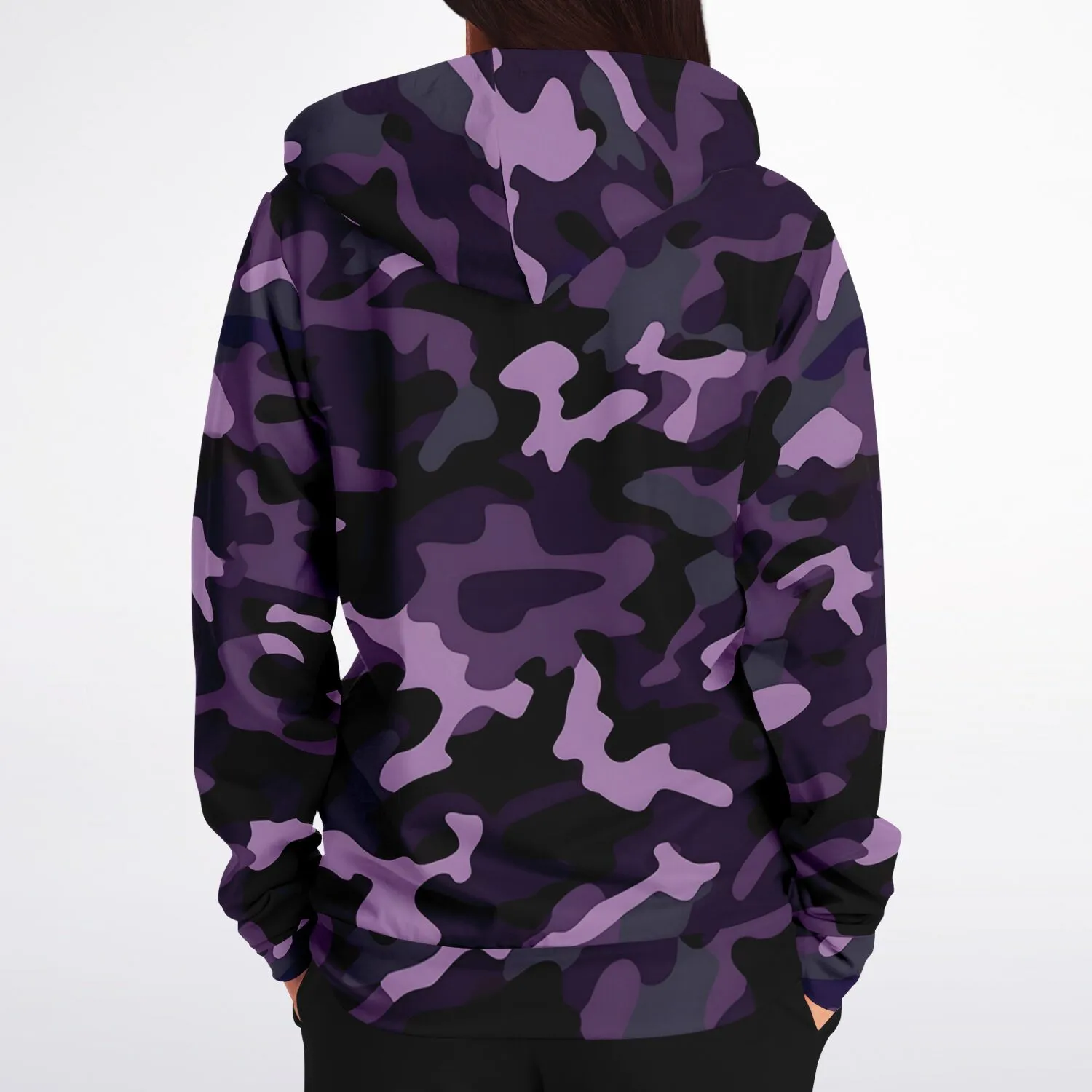 Black and Purple Camo Zip Up Hoodie, Camouflage Zipper Pocket Men Women Unisex Adult Aesthetic Cotton Fleece Hooded Sweatshirt