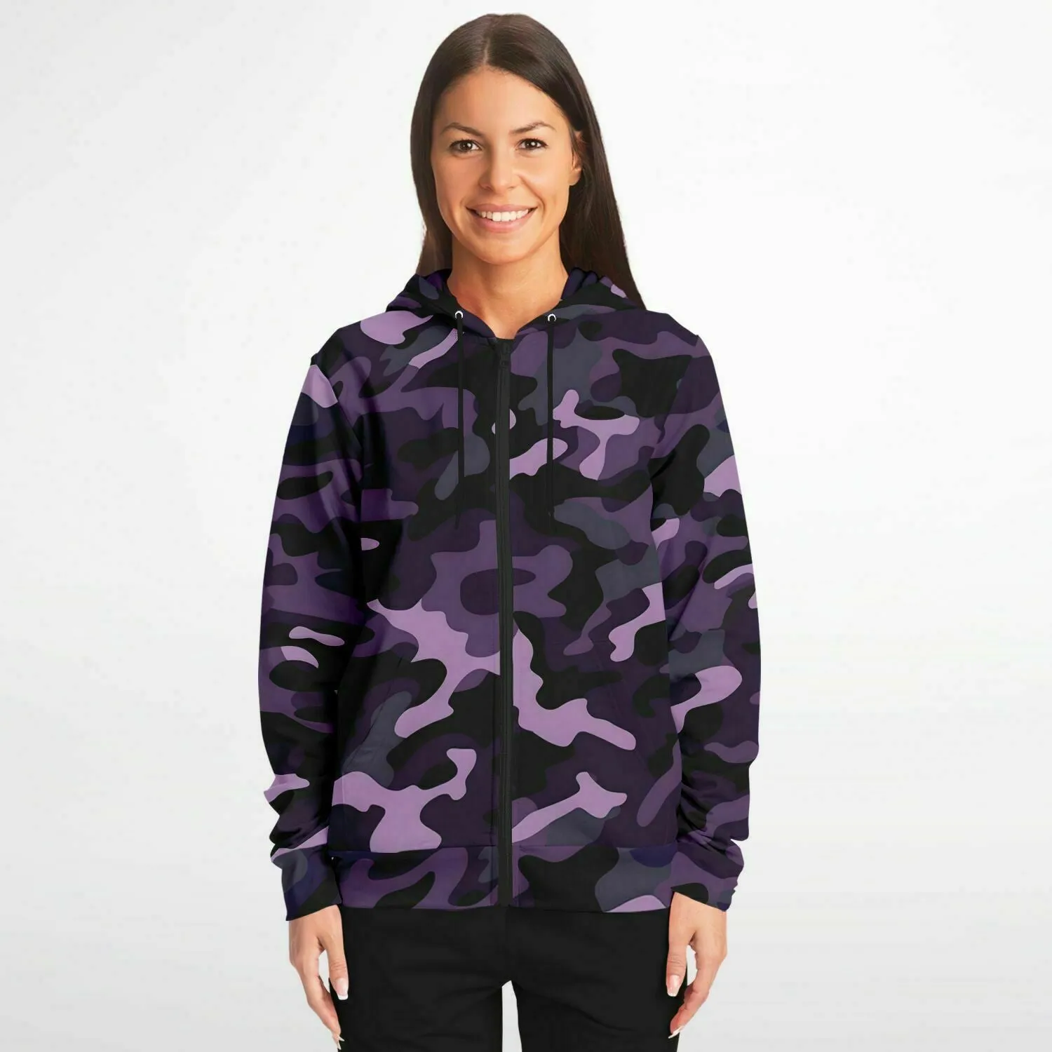 Black and Purple Camo Zip Up Hoodie, Camouflage Zipper Pocket Men Women Unisex Adult Aesthetic Cotton Fleece Hooded Sweatshirt