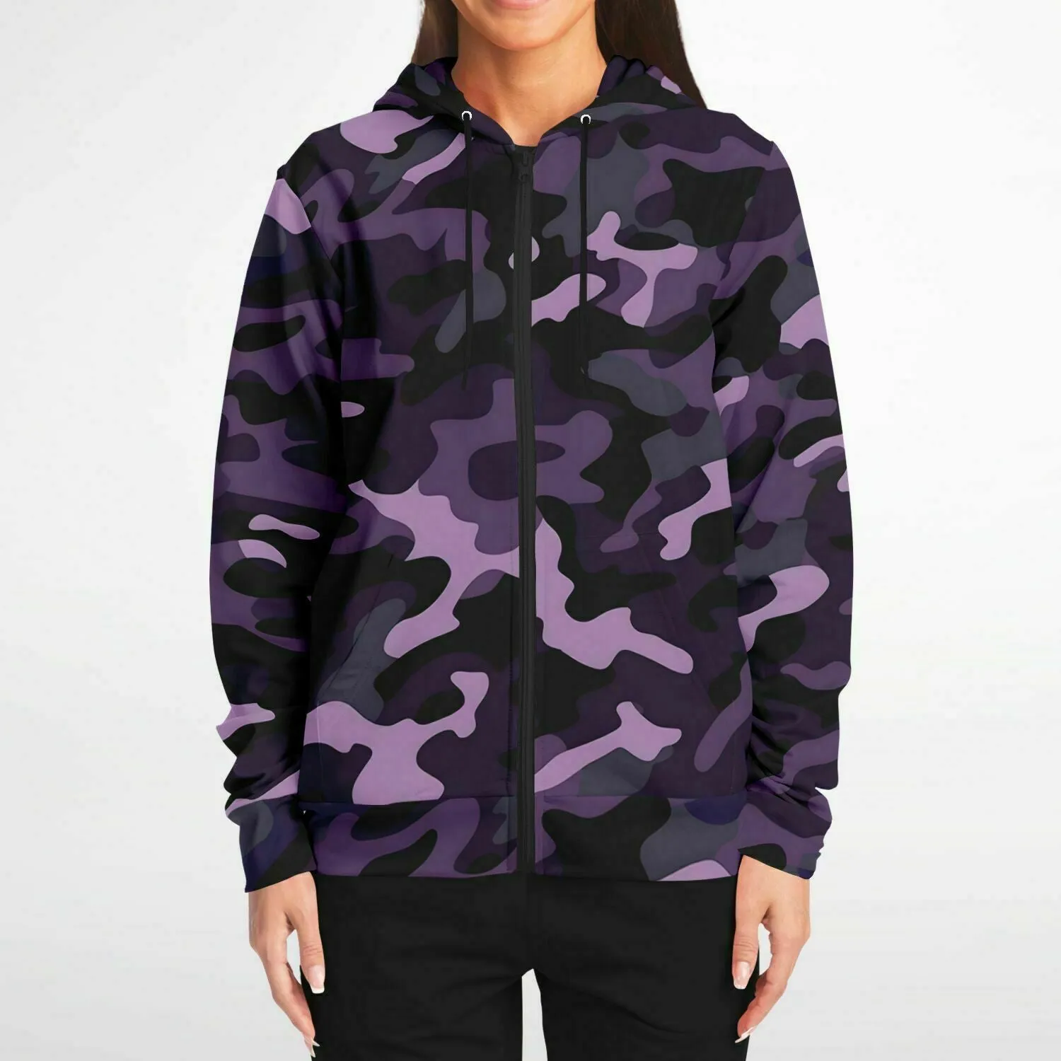 Black and Purple Camo Zip Up Hoodie, Camouflage Zipper Pocket Men Women Unisex Adult Aesthetic Cotton Fleece Hooded Sweatshirt