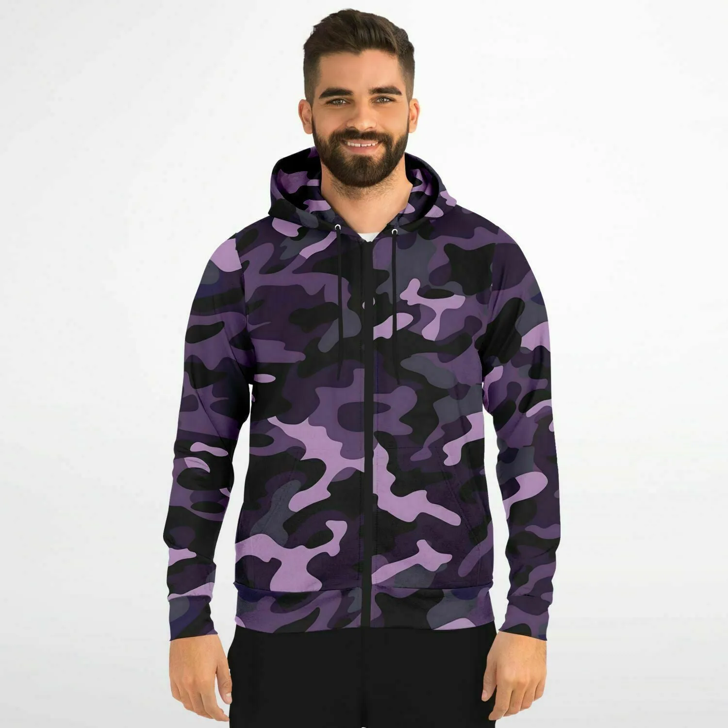Black and Purple Camo Zip Up Hoodie, Camouflage Zipper Pocket Men Women Unisex Adult Aesthetic Cotton Fleece Hooded Sweatshirt
