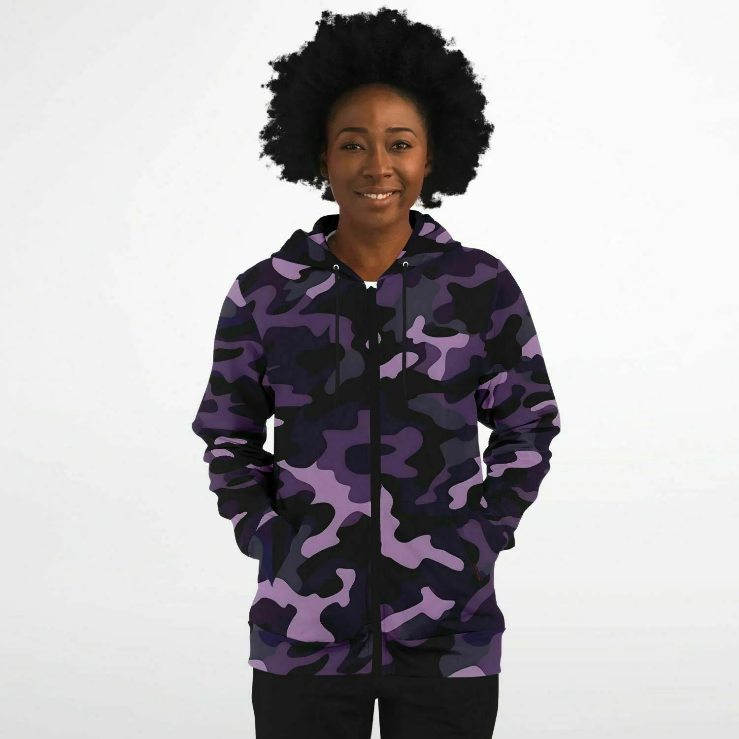 Black and Purple Camo Zip Up Hoodie, Camouflage Zipper Pocket Men Women Unisex Adult Aesthetic Cotton Fleece Hooded Sweatshirt