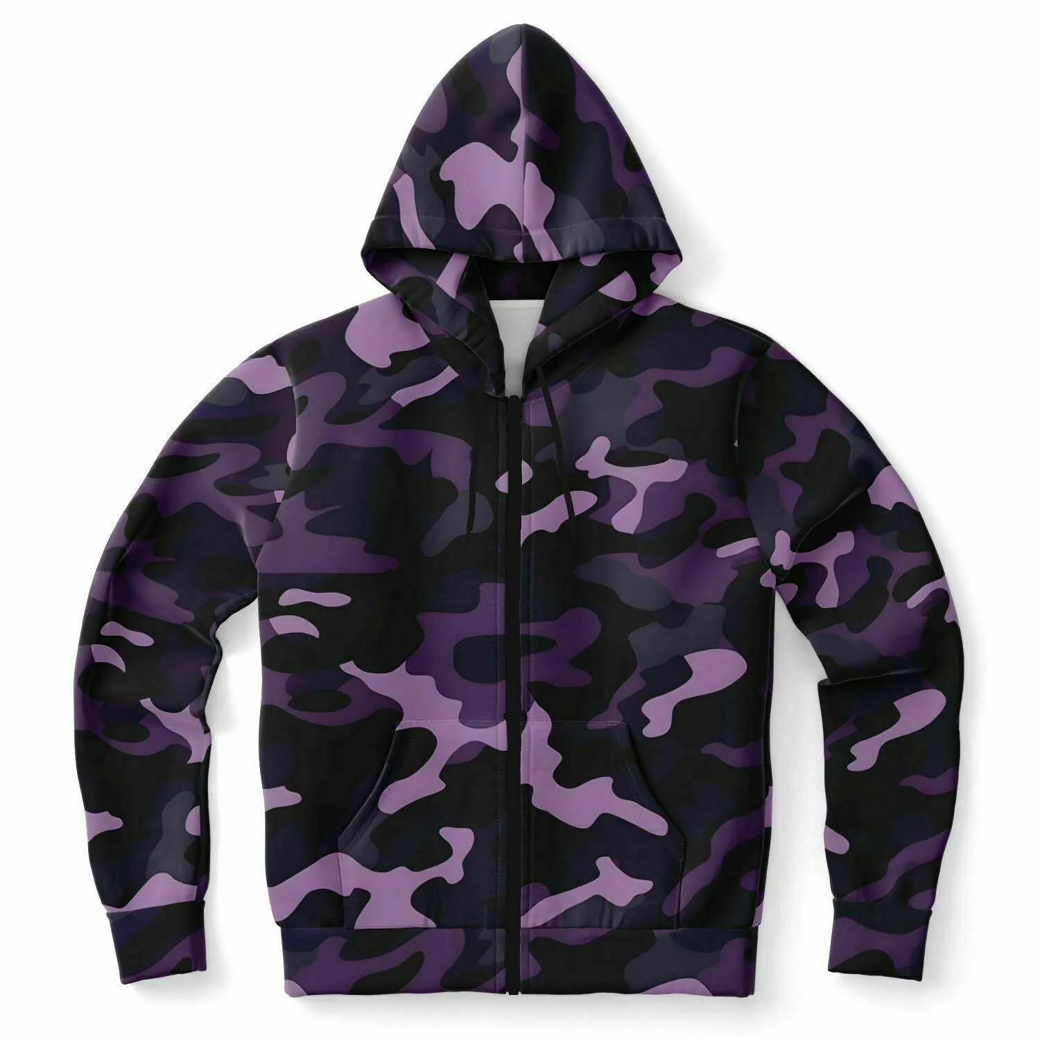 Black and Purple Camo Zip Up Hoodie, Camouflage Zipper Pocket Men Women Unisex Adult Aesthetic Cotton Fleece Hooded Sweatshirt