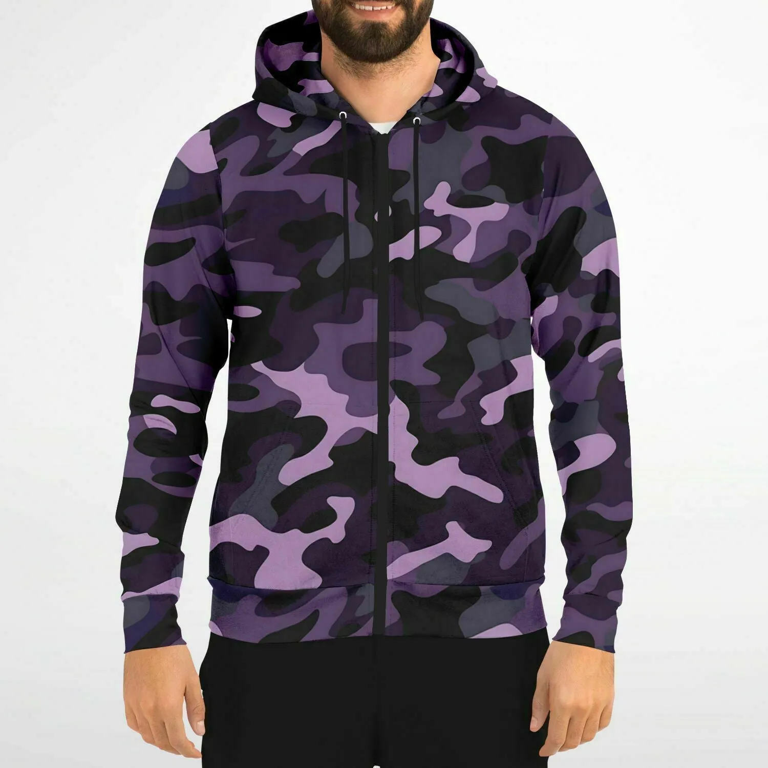 Black and Purple Camo Zip Up Hoodie, Camouflage Zipper Pocket Men Women Unisex Adult Aesthetic Cotton Fleece Hooded Sweatshirt