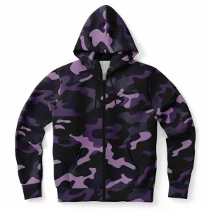 Black and Purple Camo Zip Up Hoodie, Camouflage Zipper Pocket Men Women Unisex Adult Aesthetic Cotton Fleece Hooded Sweatshirt