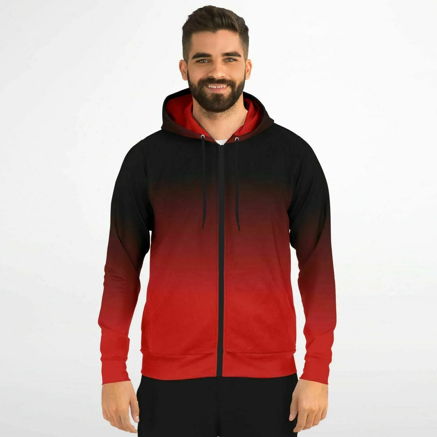Black and Red Ombre Zip Up Hoodie, Tie Dye Gradient Front Zipper Pocket Men Women Unisex Aesthetic Cotton Fleece Hooded Sweatshirt