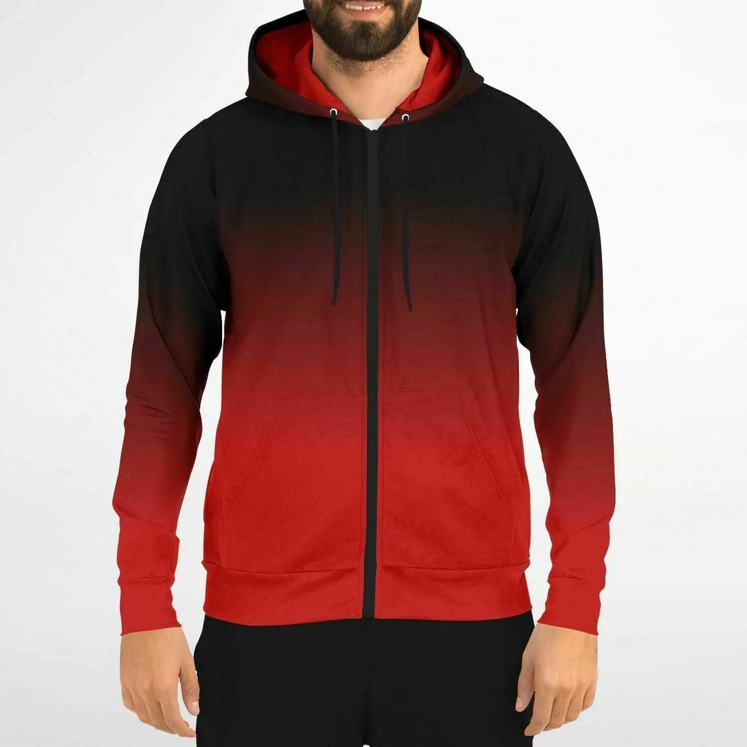 Black and Red Ombre Zip Up Hoodie, Tie Dye Gradient Front Zipper Pocket Men Women Unisex Aesthetic Cotton Fleece Hooded Sweatshirt