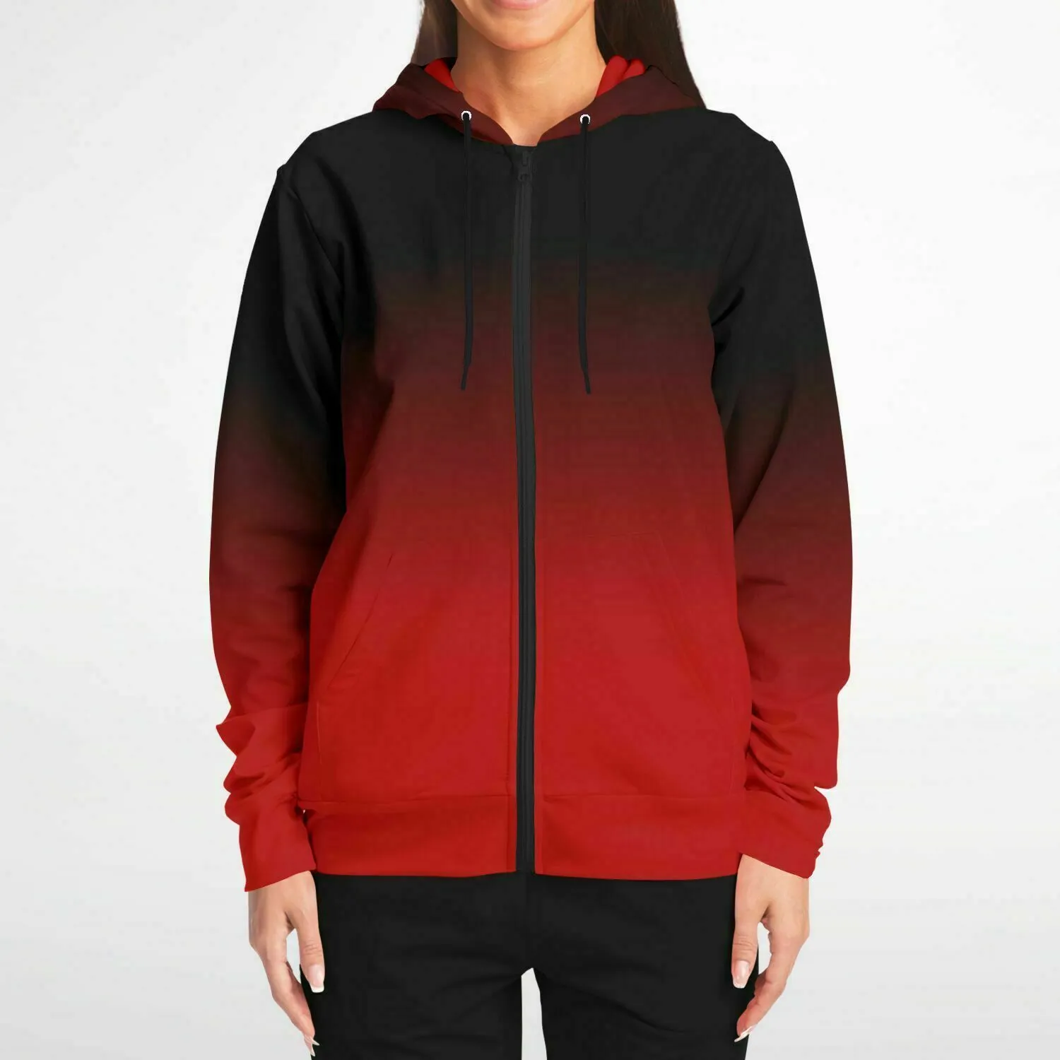 Black and Red Ombre Zip Up Hoodie, Tie Dye Gradient Front Zipper Pocket Men Women Unisex Aesthetic Cotton Fleece Hooded Sweatshirt