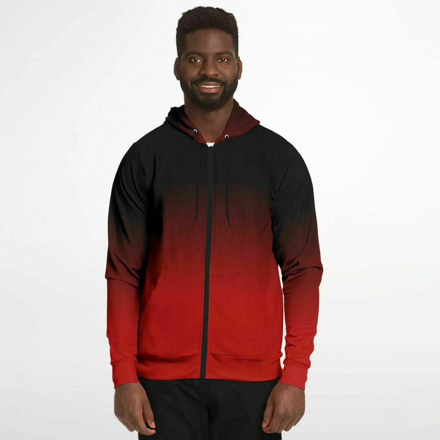 Black and Red Ombre Zip Up Hoodie, Tie Dye Gradient Front Zipper Pocket Men Women Unisex Aesthetic Cotton Fleece Hooded Sweatshirt