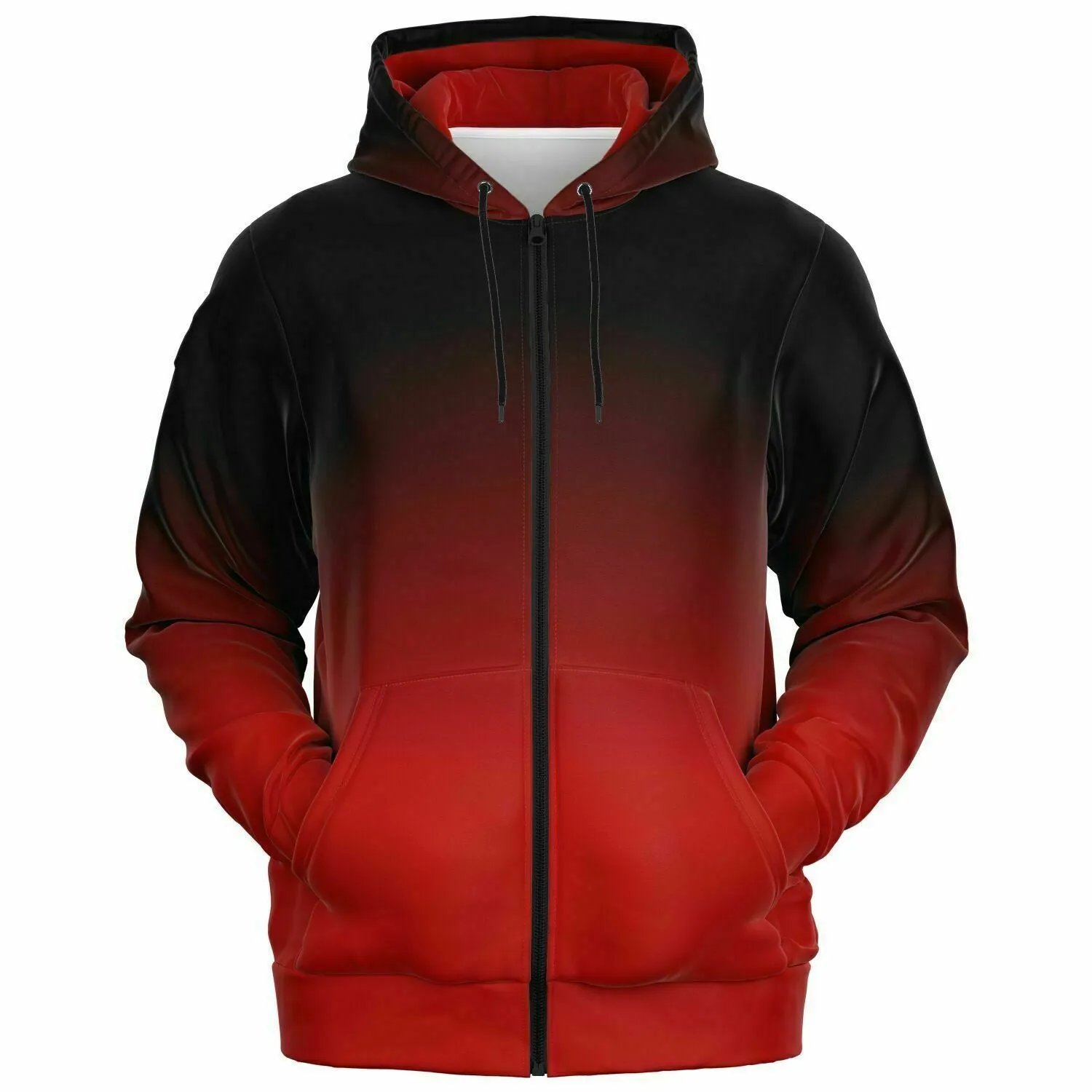 Black and Red Ombre Zip Up Hoodie, Tie Dye Gradient Front Zipper Pocket Men Women Unisex Aesthetic Cotton Fleece Hooded Sweatshirt