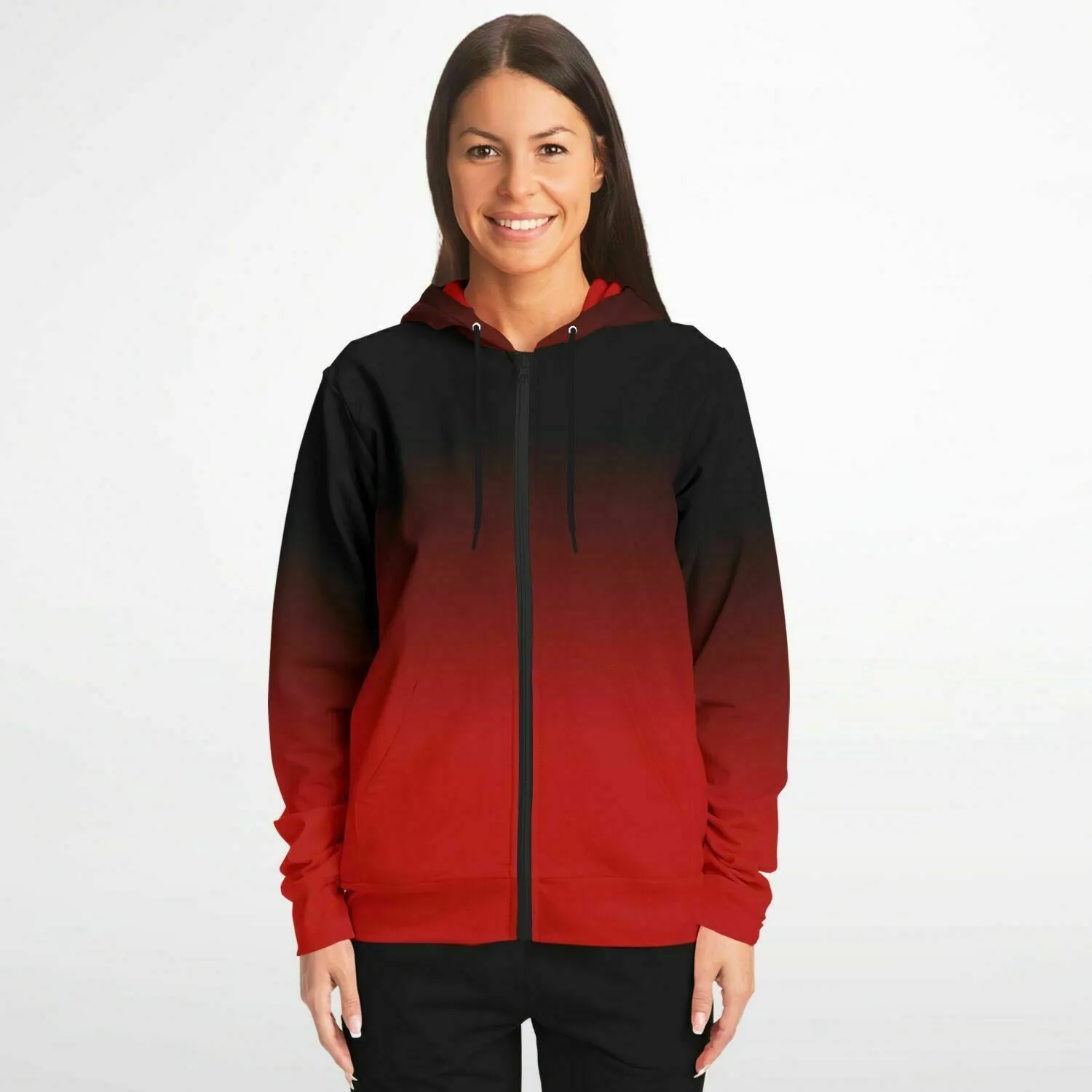 Black and Red Ombre Zip Up Hoodie, Tie Dye Gradient Front Zipper Pocket Men Women Unisex Aesthetic Cotton Fleece Hooded Sweatshirt
