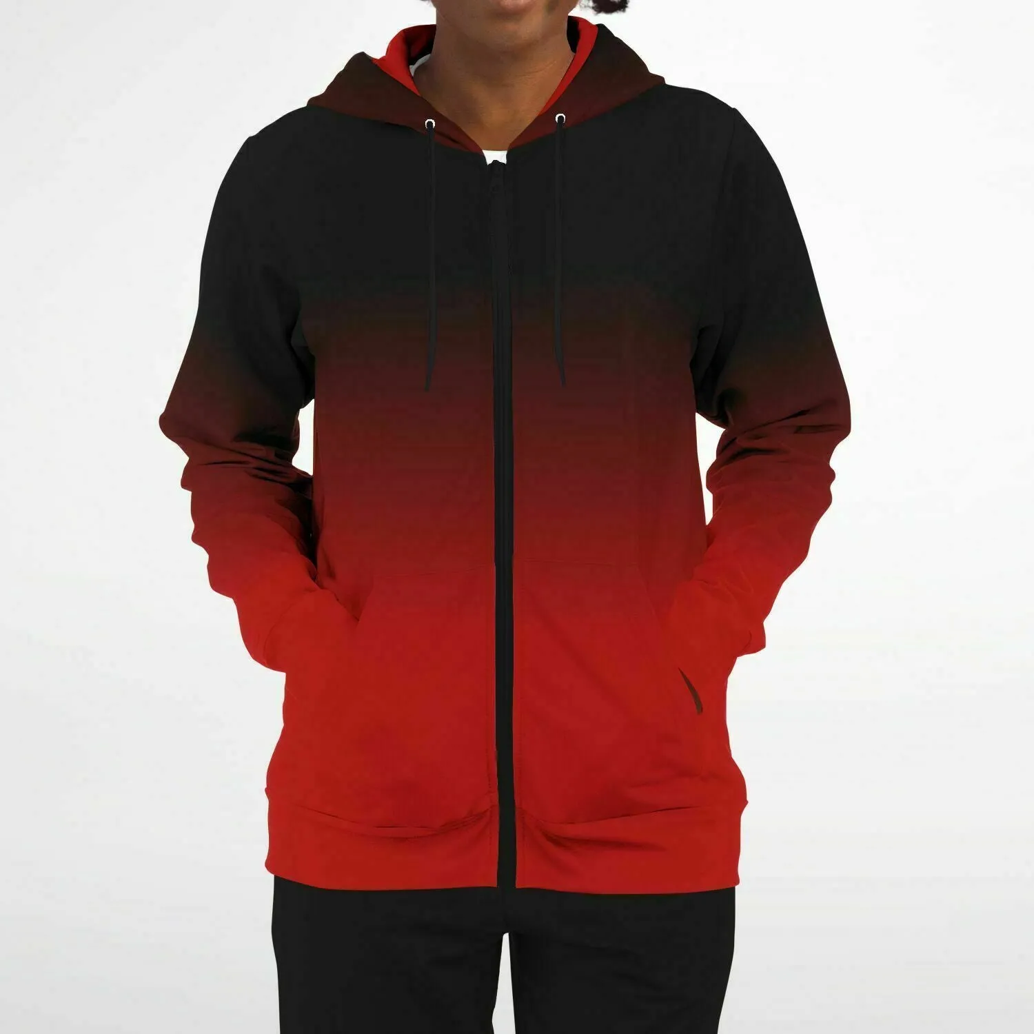 Black and Red Ombre Zip Up Hoodie, Tie Dye Gradient Front Zipper Pocket Men Women Unisex Aesthetic Cotton Fleece Hooded Sweatshirt