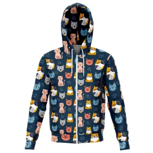 Cat Pattern Zip Up Hoodie, Kitten Front Zipper Pocket Men Women Adult Aesthetic Graphic Cotton Hooded Sweatshirt