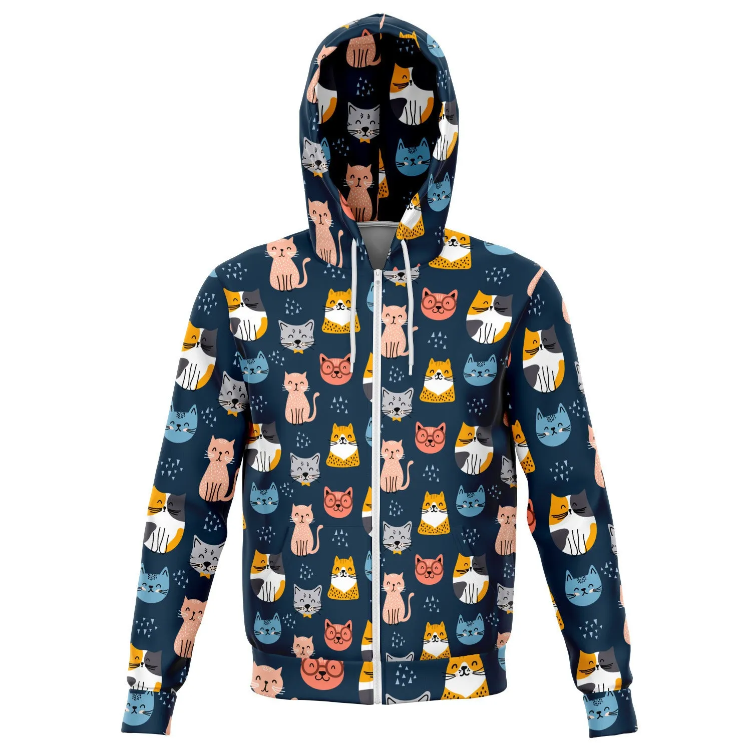 Cat Pattern Zip Up Hoodie, Kitten Front Zipper Pocket Men Women Adult Aesthetic Graphic Cotton Hooded Sweatshirt