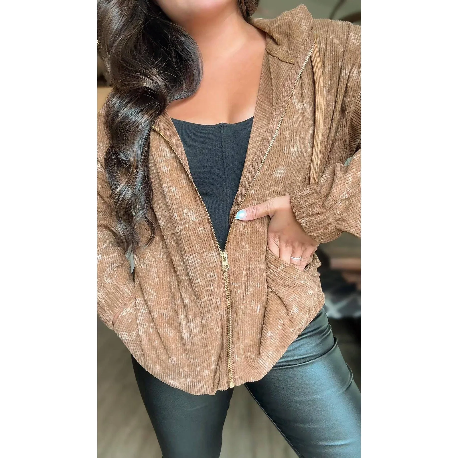 Charlotte Corduroy Acid Wash Hoodie Full Zip Up Jacket Mocha