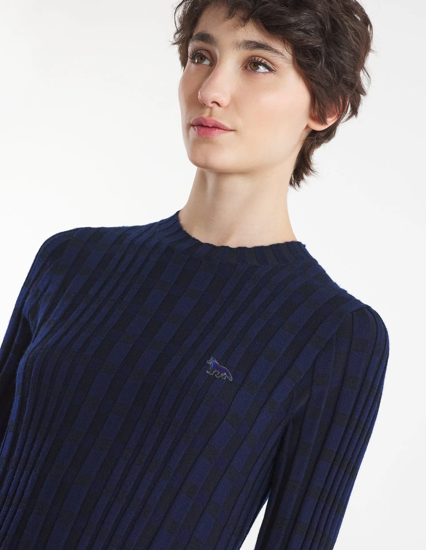 CHECKED RIBBED LONG DRESS