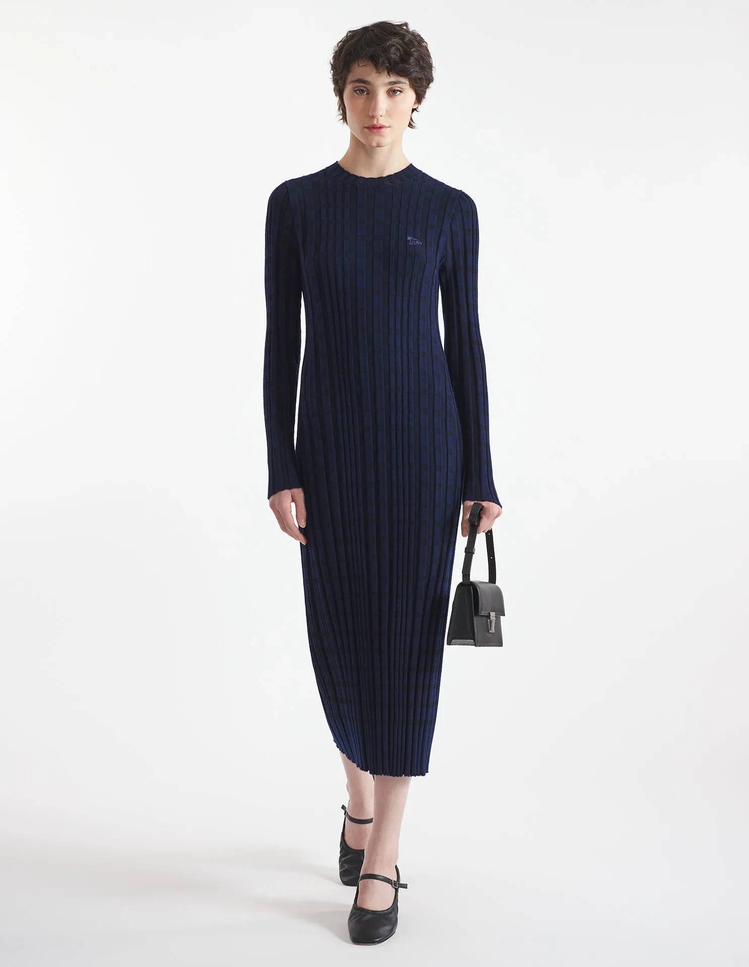 CHECKED RIBBED LONG DRESS