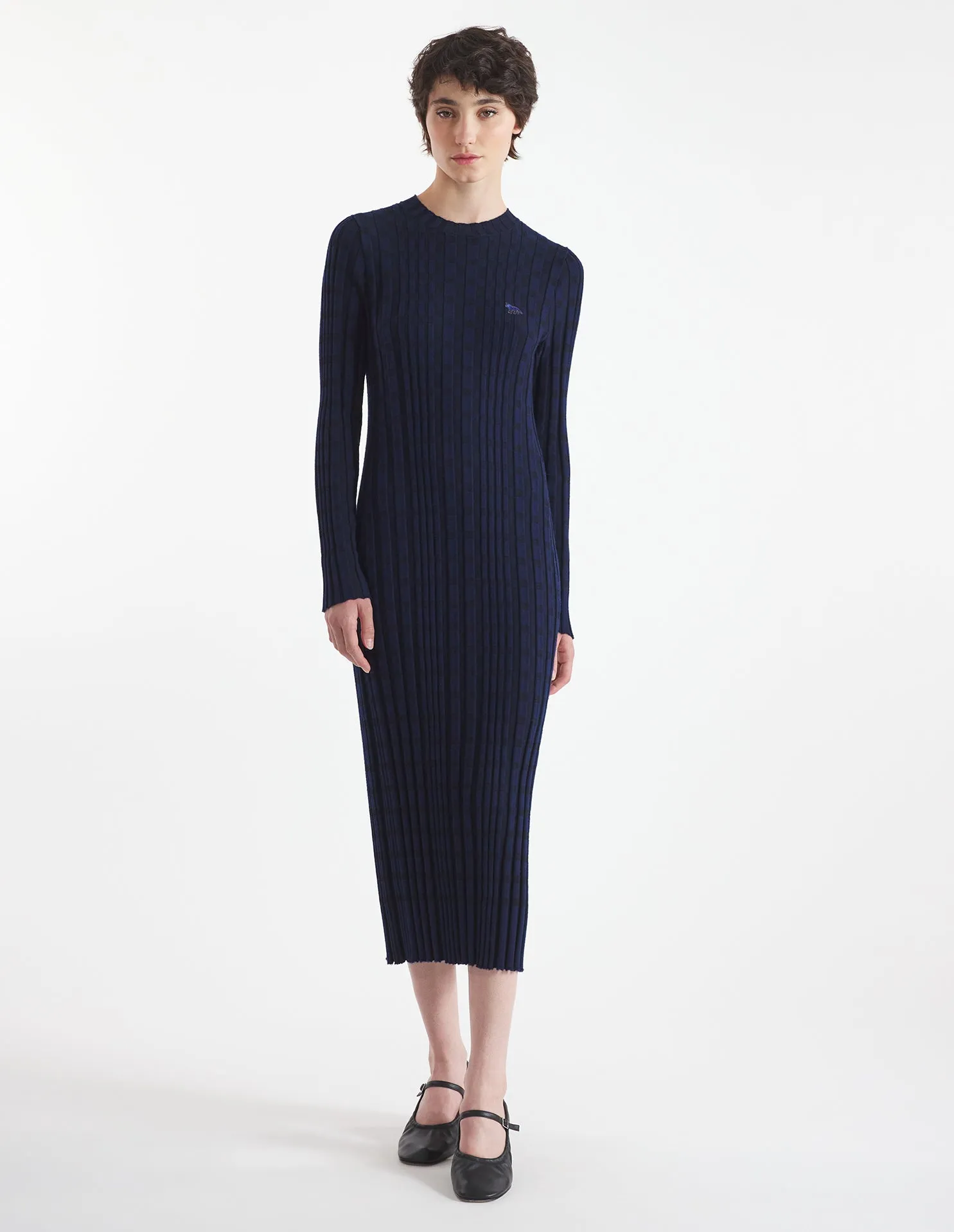 CHECKED RIBBED LONG DRESS