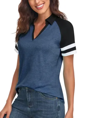 Dark Blue V-neck Short-sleeved Polo Golf and Tennis Top for Women
