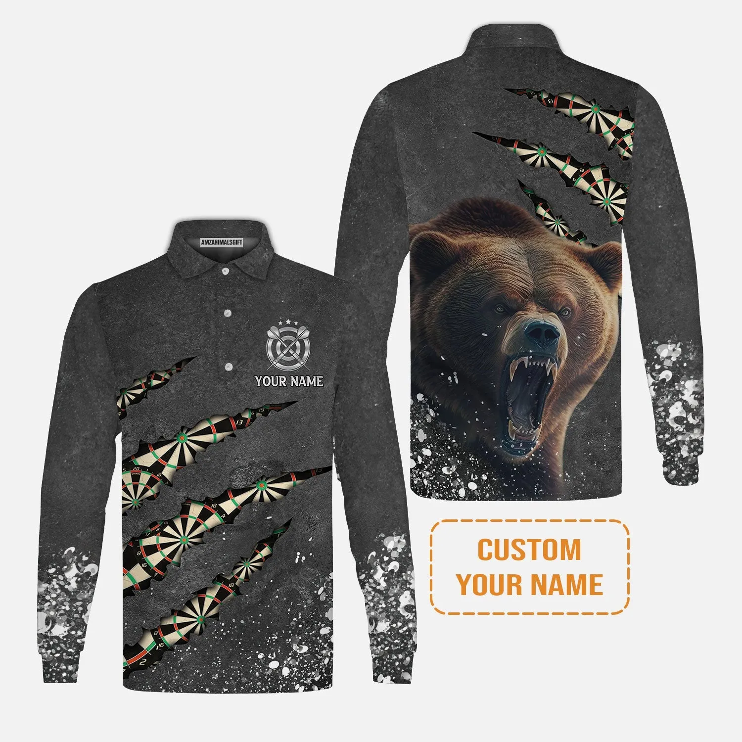 Darts Paints Splash, Personalized Name Bear Men's Long Sleeve Polo Shirt - Perfect Gift For Darts Lovers, Darts Players