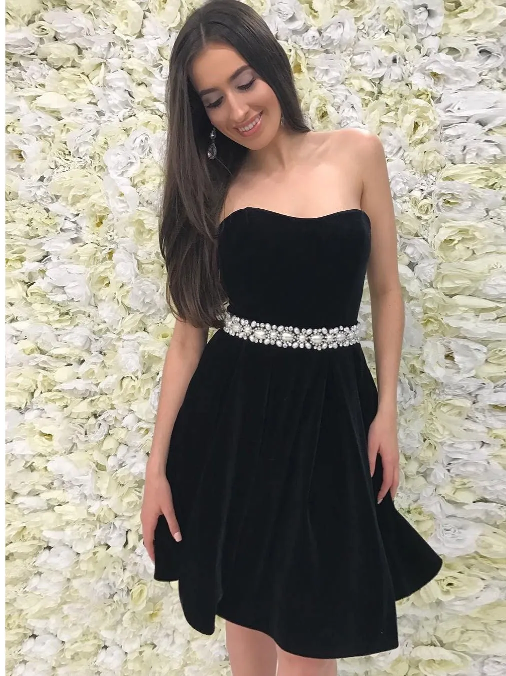 Elegant Fleece Strapless Neckline A-line Cocktail Dresses With Rhinestones CD035