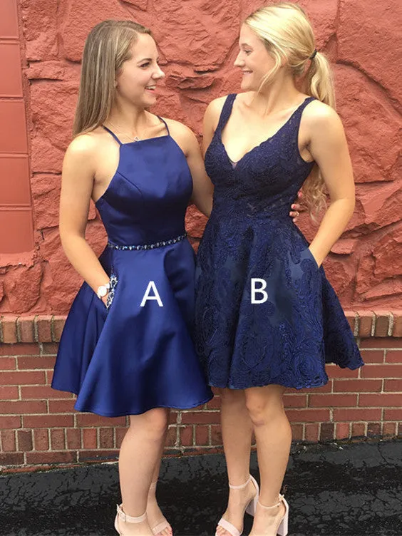 Exquisite Satin V-neck Neckline A-line Homecoming Dresses With Appliques HD242B