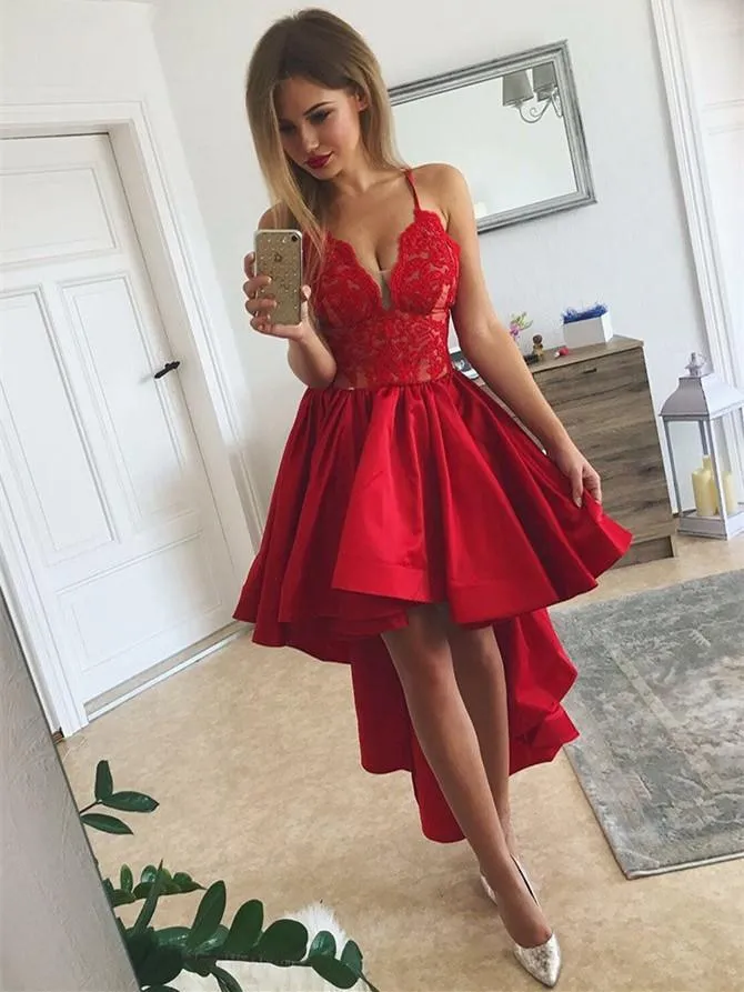 Eye-catching Satin & Lace Spaghetti Straps Neckline Hi-lo A-line Cocktail Dresses CD014