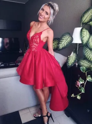 Eye-catching Satin & Lace Spaghetti Straps Neckline Hi-lo A-line Cocktail Dresses CD014