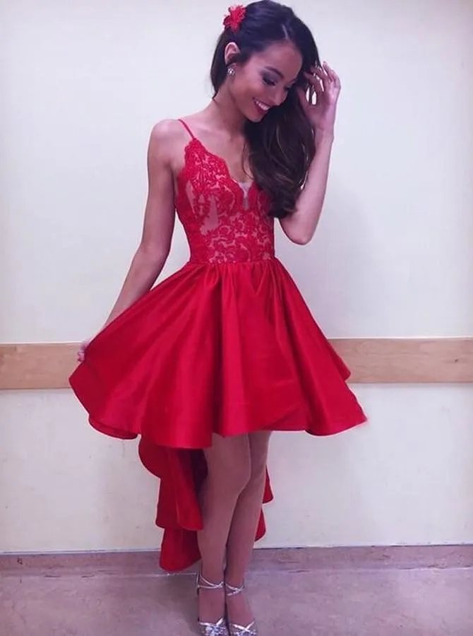Eye-catching Satin & Lace Spaghetti Straps Neckline Hi-lo A-line Cocktail Dresses CD014