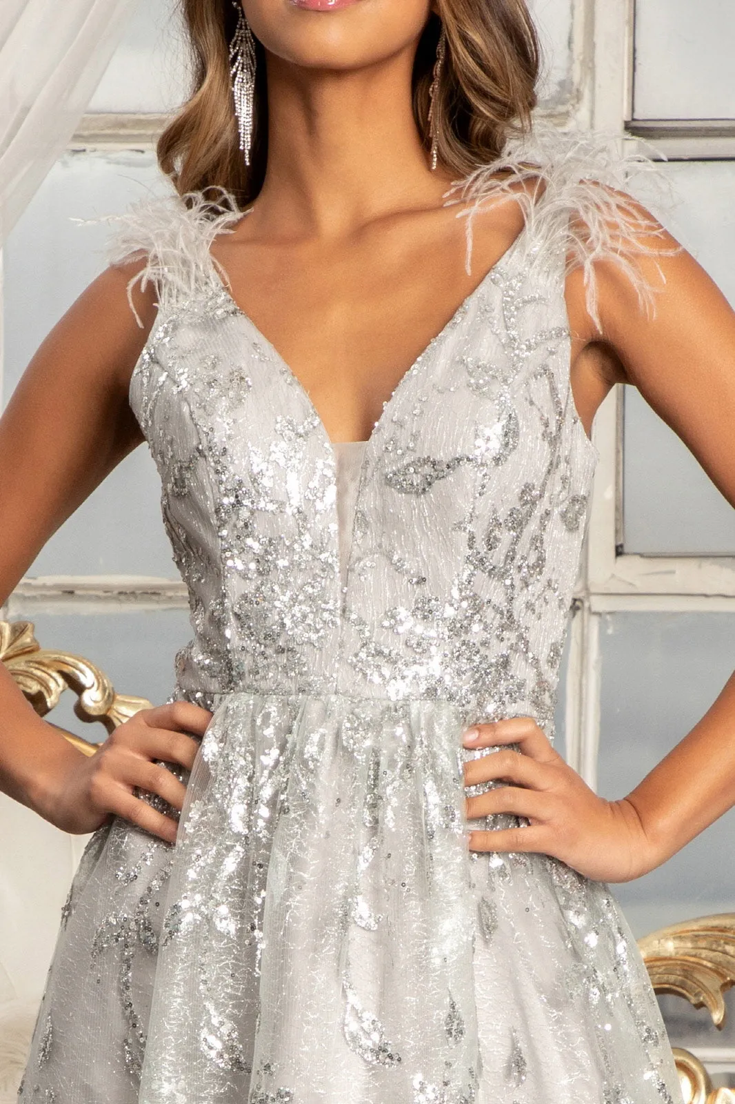 Feather-Shoulder Embellished Glitter A-line Dress Sheer Open V-back GLGL3048