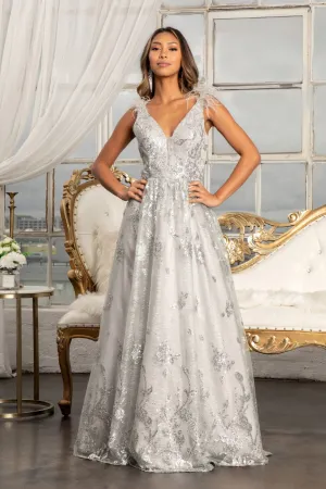 Feather-Shoulder Embellished Glitter A-line Dress Sheer Open V-back GLGL3048