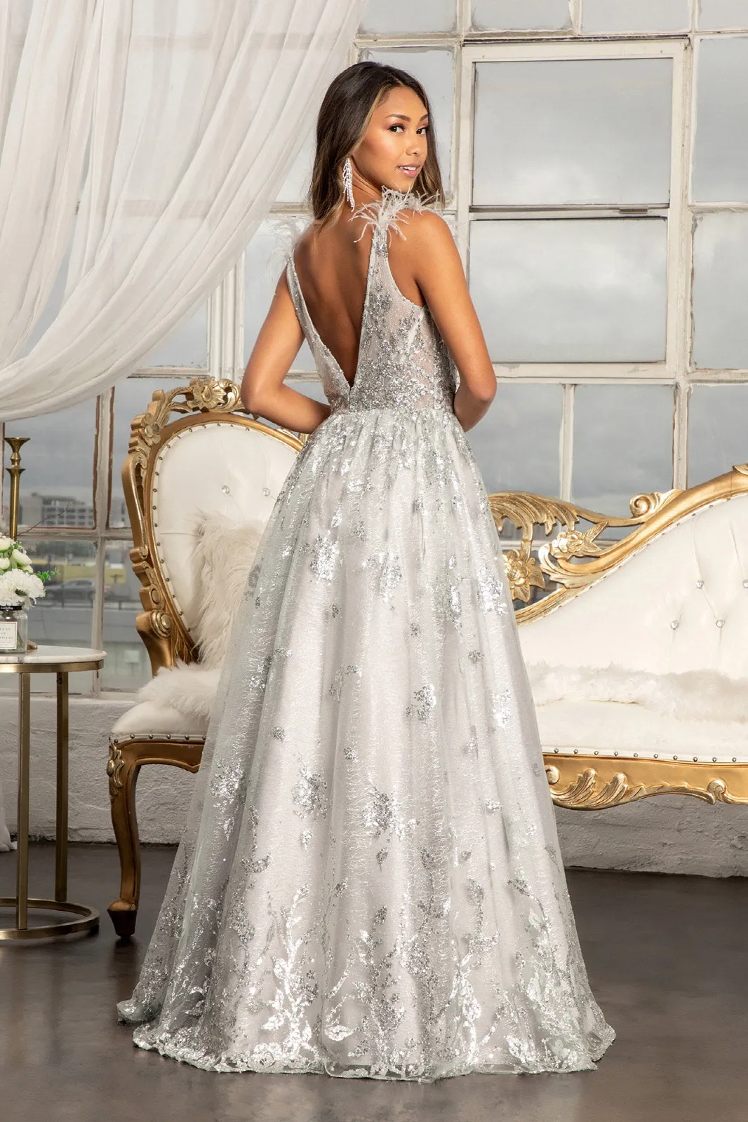 Feather-Shoulder Embellished Glitter A-line Dress Sheer Open V-back GLGL3048