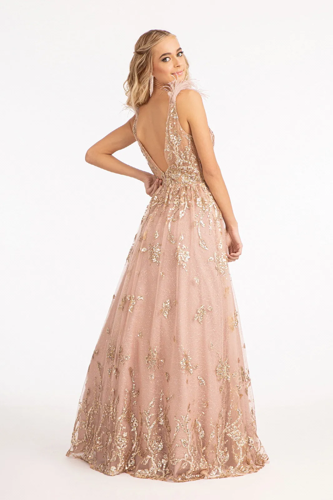Feather-Shoulder Embellished Glitter A-line Dress Sheer Open V-back GLGL3048