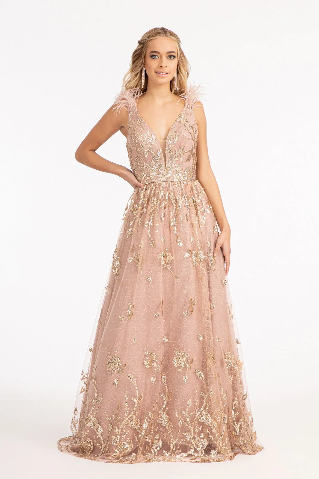 Feather-Shoulder Embellished Glitter A-line Dress Sheer Open V-back GLGL3048