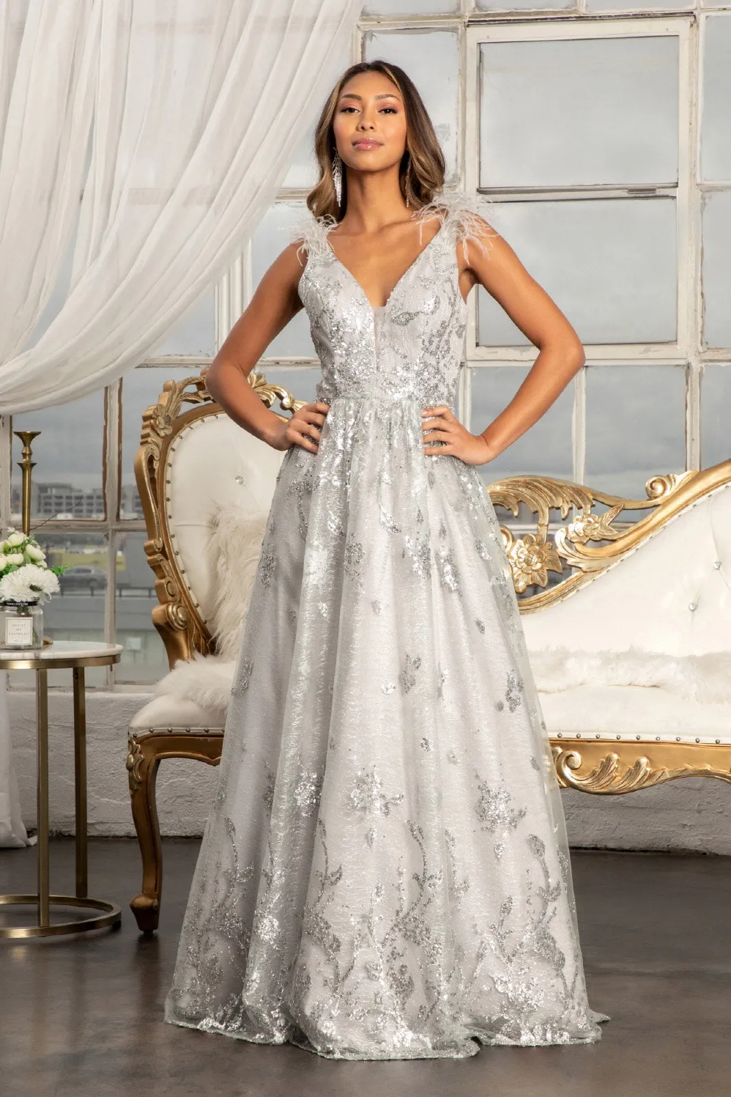 Feather-Shoulder Embellished Glitter A-line Dress Sheer Open V-back GLGL3048