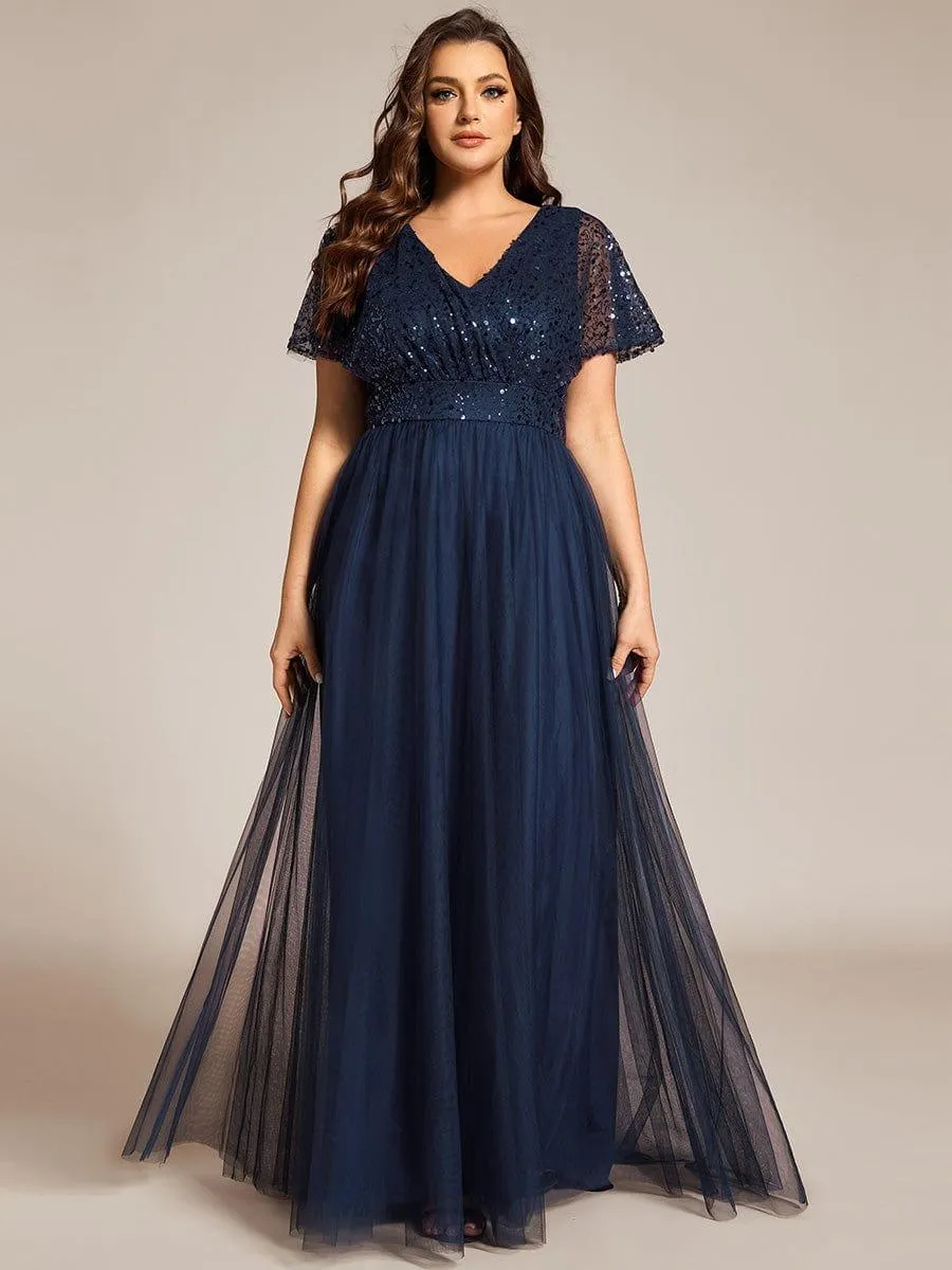Flora | Plus Size Short Sleeves Sequin V-Neck Formal Evening Dress with Tulle