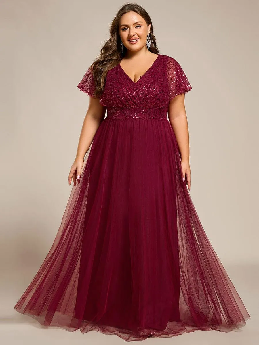 Flora | Plus Size Short Sleeves Sequin V-Neck Formal Evening Dress with Tulle