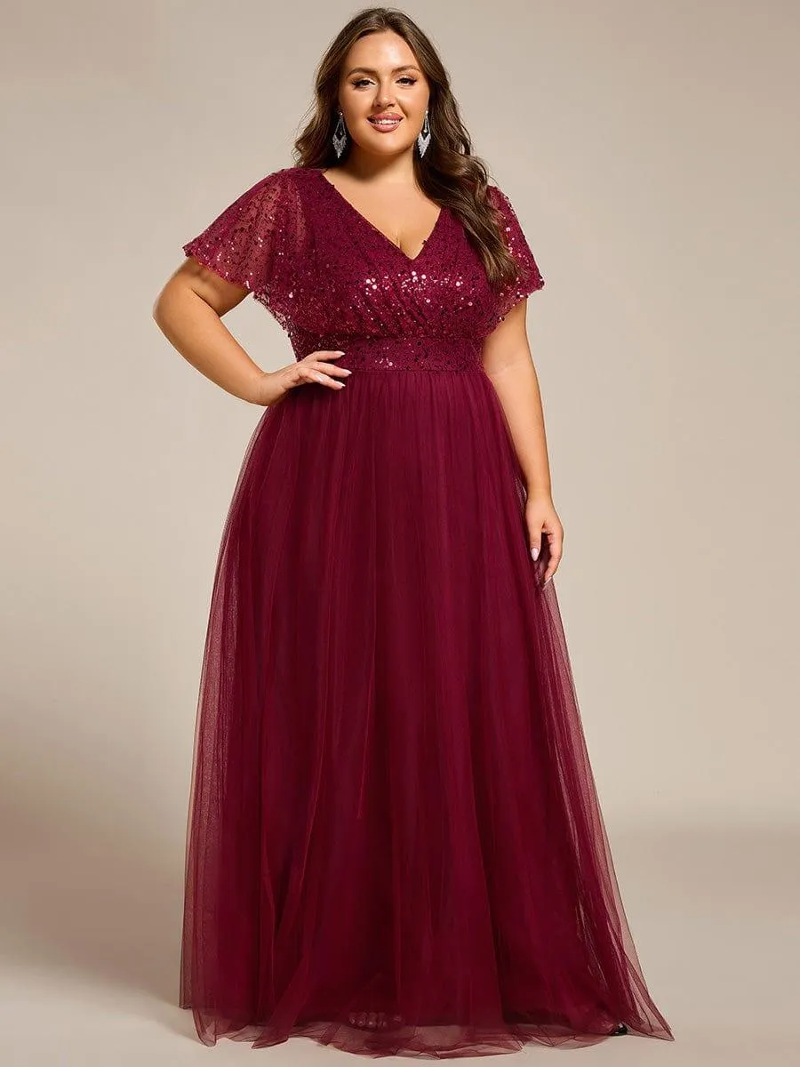 Flora | Plus Size Short Sleeves Sequin V-Neck Formal Evening Dress with Tulle