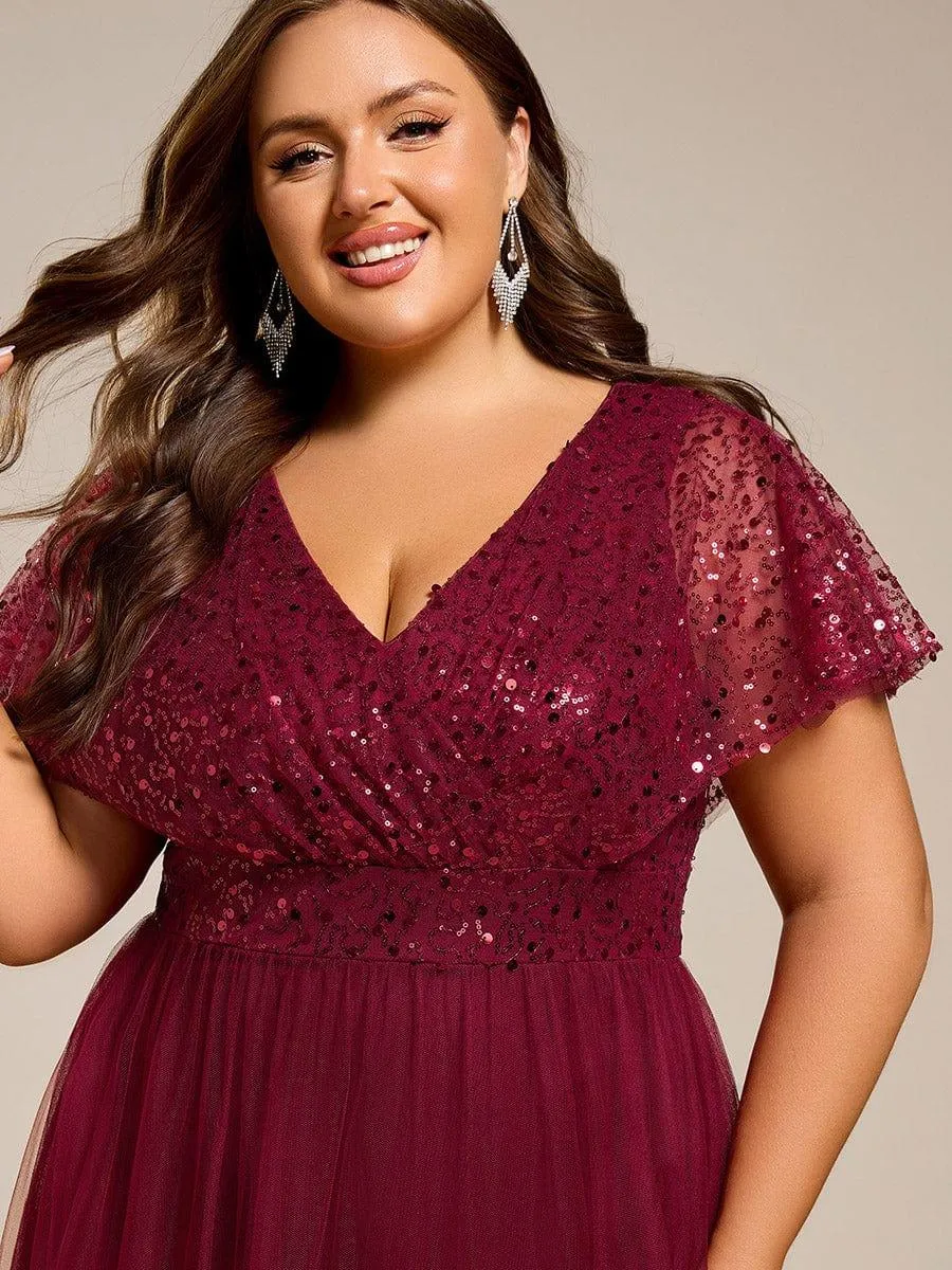 Flora | Plus Size Short Sleeves Sequin V-Neck Formal Evening Dress with Tulle