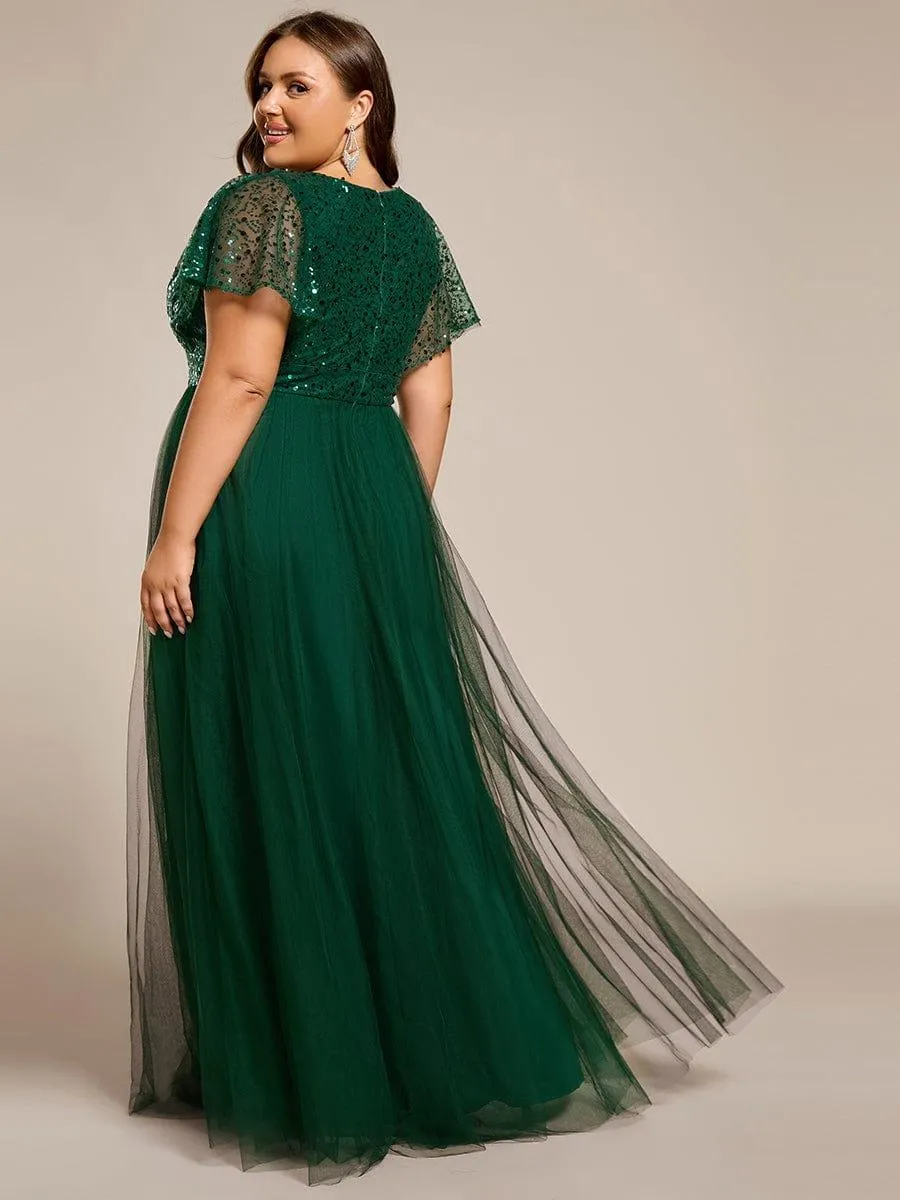 Flora | Plus Size Short Sleeves Sequin V-Neck Formal Evening Dress with Tulle