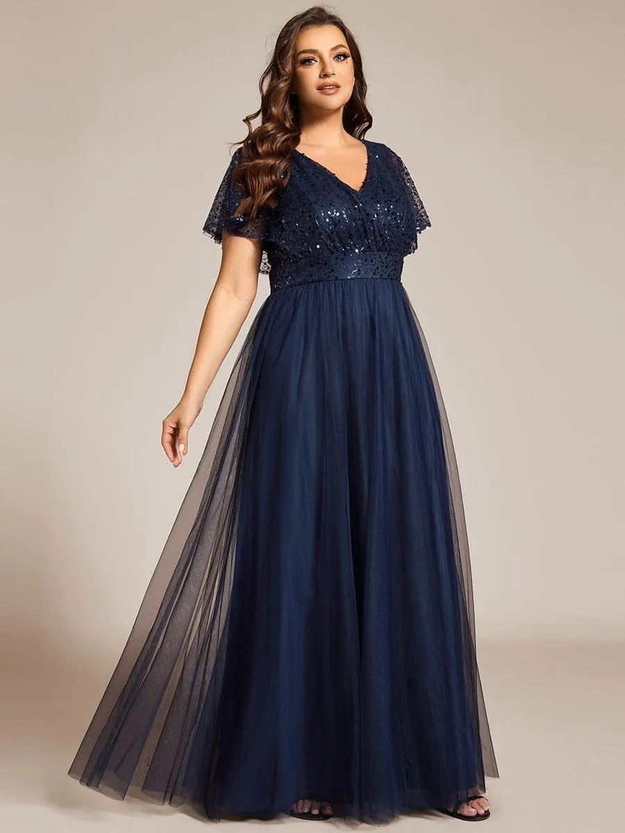 Flora | Plus Size Short Sleeves Sequin V-Neck Formal Evening Dress with Tulle