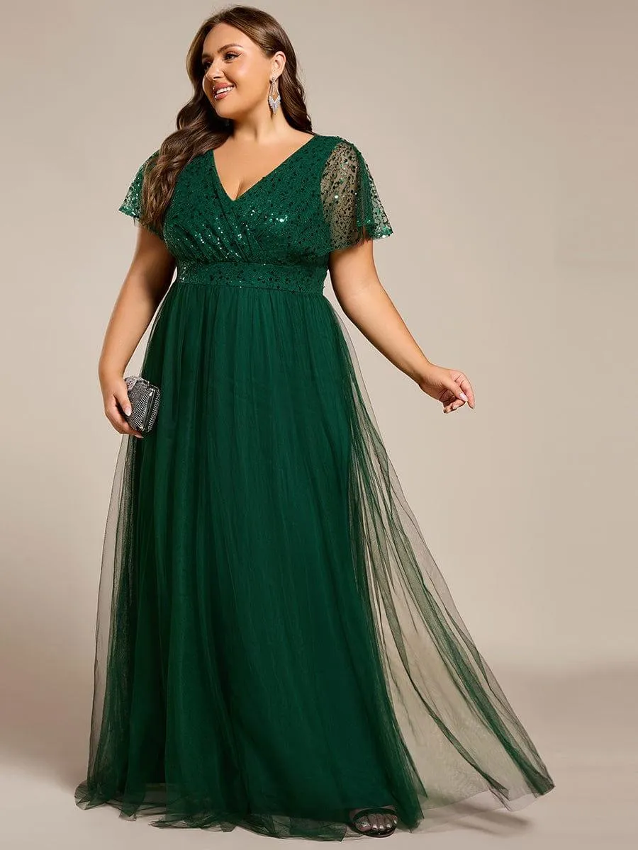 Flora | Plus Size Short Sleeves Sequin V-Neck Formal Evening Dress with Tulle