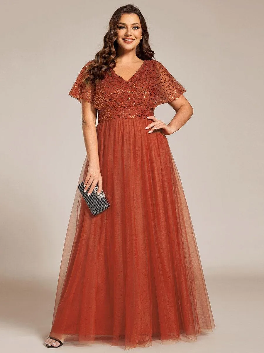 Flora | Plus Size Short Sleeves Sequin V-Neck Formal Evening Dress with Tulle