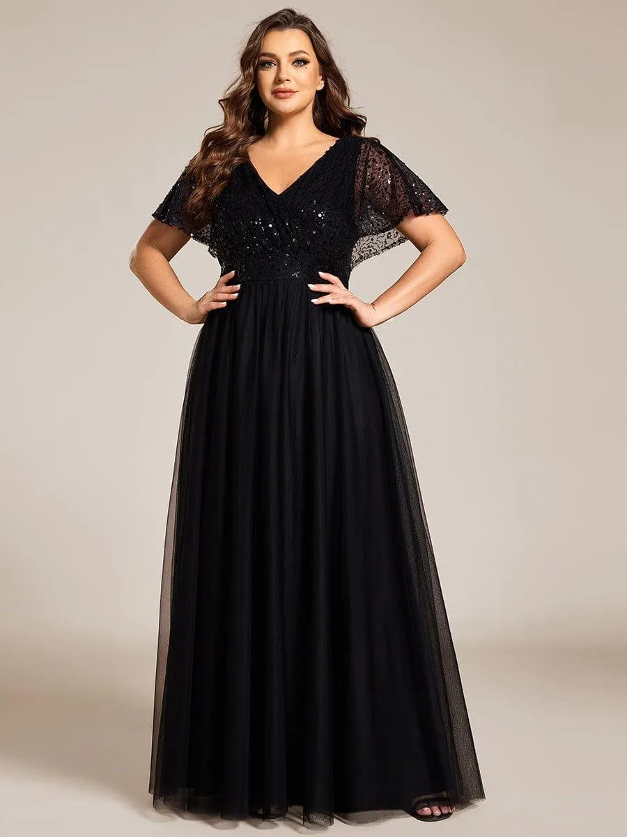 Flora | Plus Size Short Sleeves Sequin V-Neck Formal Evening Dress with Tulle