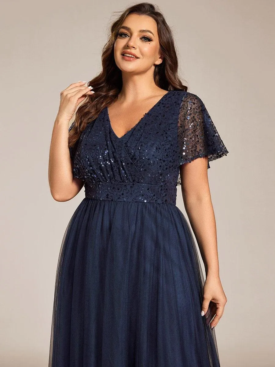 Flora | Plus Size Short Sleeves Sequin V-Neck Formal Evening Dress with Tulle