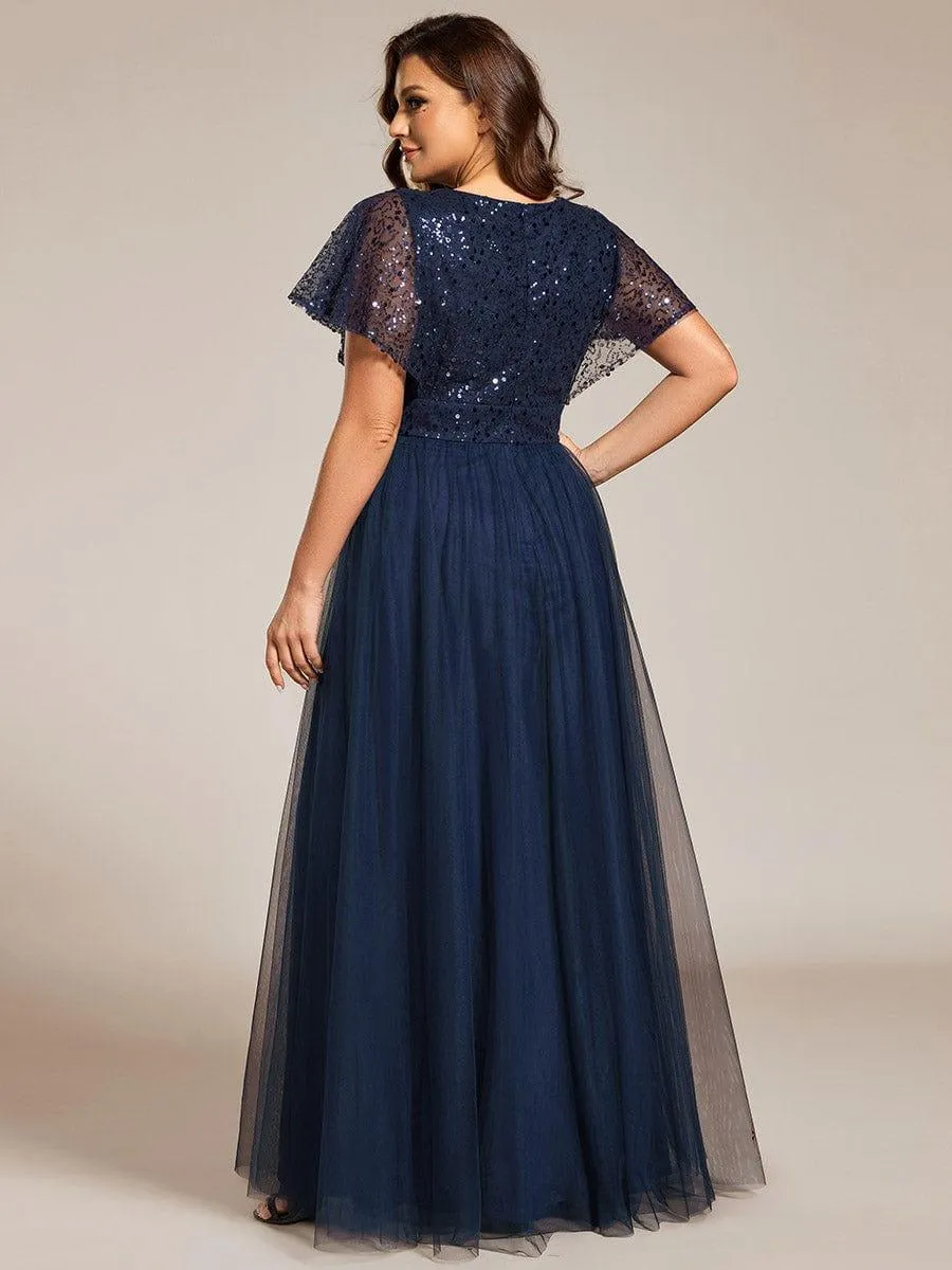 Flora | Plus Size Short Sleeves Sequin V-Neck Formal Evening Dress with Tulle