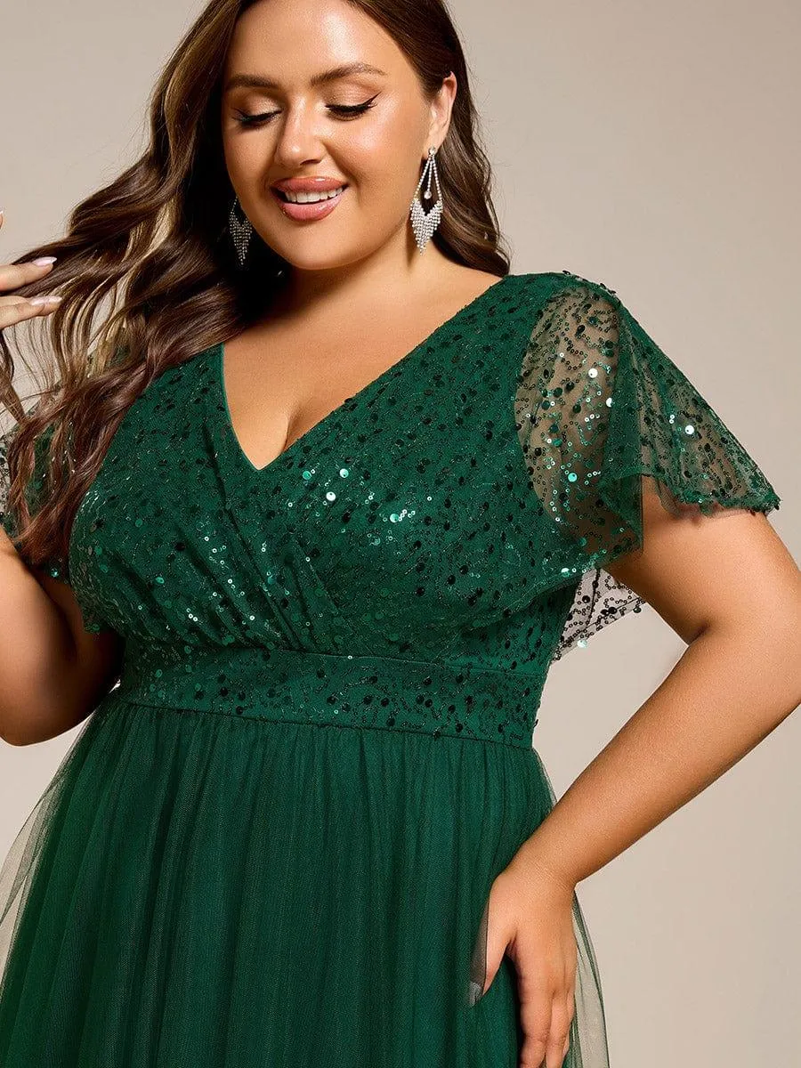 Flora | Plus Size Short Sleeves Sequin V-Neck Formal Evening Dress with Tulle